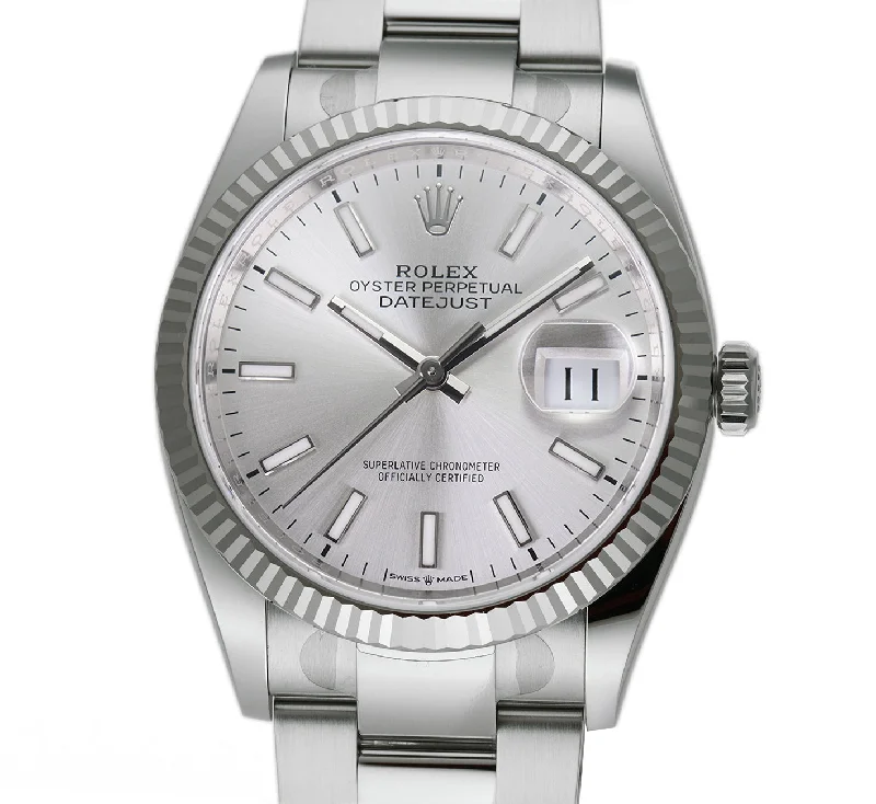Formal watches for business people   36mm Steel Silver Index Dial 18k Fluted Bezel Oyster Bracelet