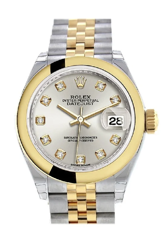 Luxury quartz watches with high-end movements   Rolex Datejust 28 Silver Diamond Dial Yellow Gold Two Tone Jubilee Ladies Watch 279163