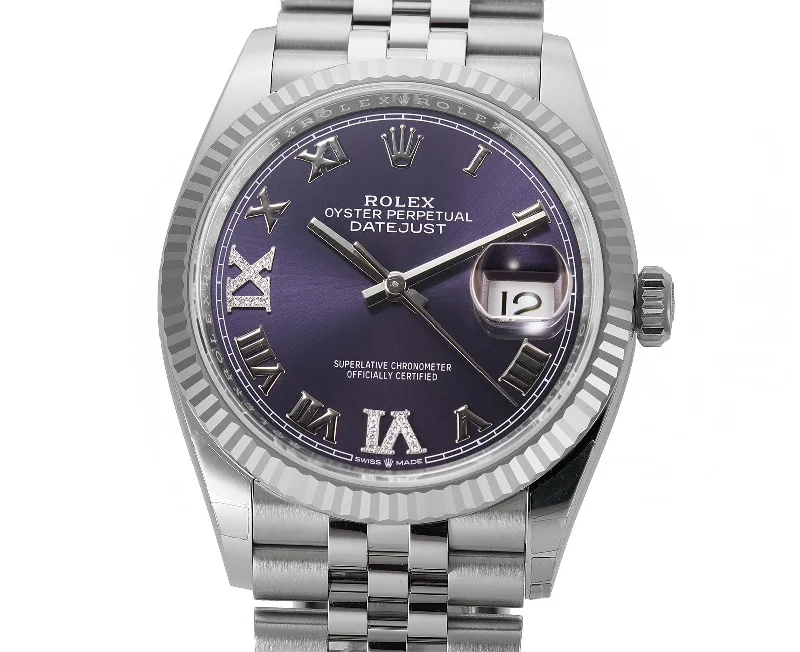 Watches for special occasions 36mm Steel Purple Aubergine Roman Diamond VI And IX Dial 18k Fluted Bezel Jubilee Bracelet Watches for special occasions 36mm Steel Purple Aubergine Roman Diamond VI And IX Dial 18k Fluted Bezel Jubilee Bracelet