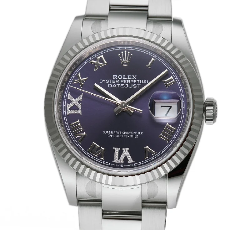 Watches with a sophisticated look 36mm Steel Purple Aubergine Roman Diamond VI And IX Dial 18k Fluted Bezel Oyster Bracelet Watches with a sophisticated look 36mm Steel Purple Aubergine Roman Diamond VI And IX Dial 18k Fluted Bezel Oyster Bracelet