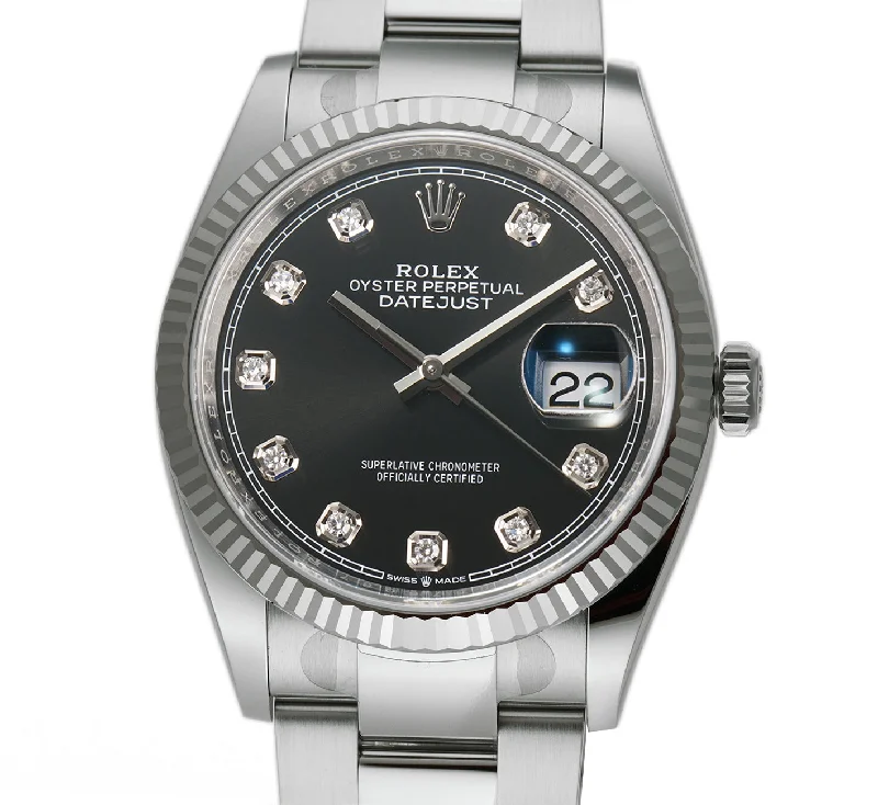 designer watches for special occasions 36mm Steel Black Diamond Dial 18k Fluted Bezel Oyster Bracelet designer watches for special occasions 36mm Steel Black Diamond Dial 18k Fluted Bezel Oyster Bracelet