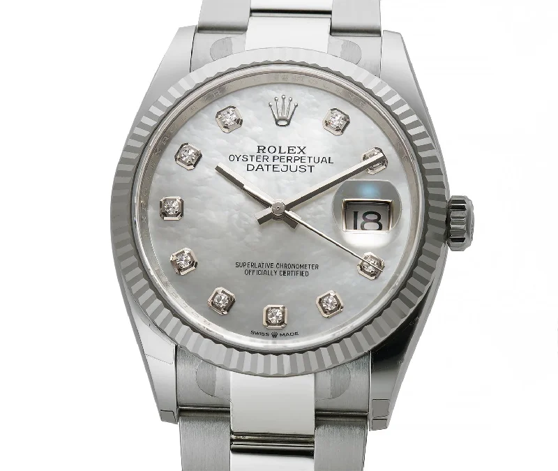 elegant dress watches for formal events 36mm Steel MOP Mother Of Pearl Diamond Dial 18k Fluted Bezel Oyster Bracelet elegant dress watches for formal events 36mm Steel MOP Mother Of Pearl Diamond Dial 18k Fluted Bezel Oyster Bracelet