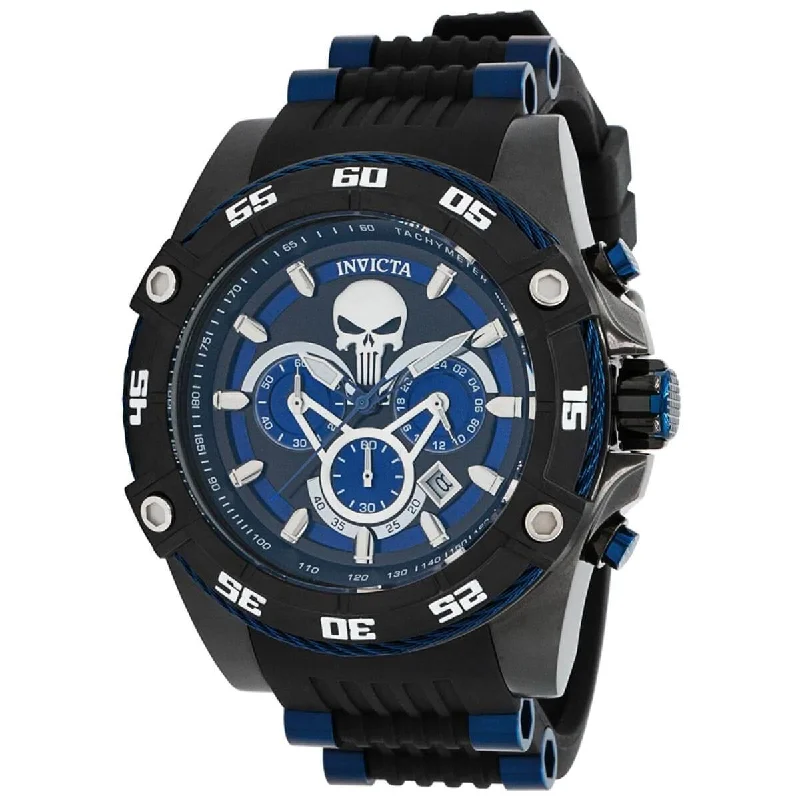 Watches with leather straps and quick release clasps Invicta Men's Quartz Watch - Marvel Punisher Chronograph Black and Blue Dial | 35366 Watches with leather straps and quick release clasps Invicta Men's Quartz Watch - Marvel Punisher Chronograph Black and Blue Dial | 35366