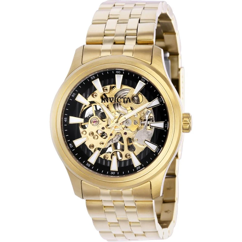 Watches with a stylish look Invicta Men's Watch - Vintage Black and Gold Semi Skeleton Dial SS Bracelet | 37967 Watches with a stylish look Invicta Men's Watch - Vintage Black and Gold Semi Skeleton Dial SS Bracelet | 37967