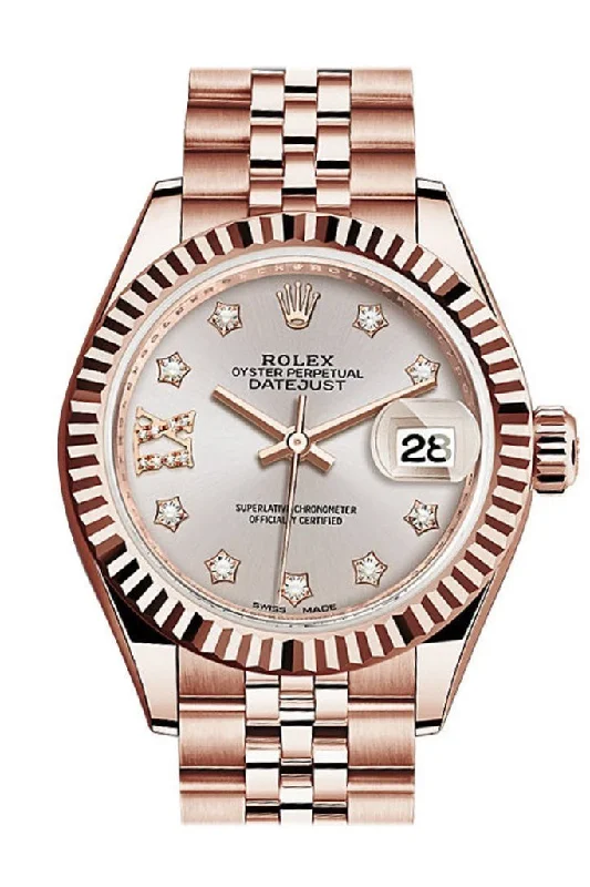 Watches with classic style for timeless appeal   Rolex Datejust 28 Sundust 9 diamonds set in star Dial Fluted Bezel Rose Gold Jubilee Ladies Watch 279175