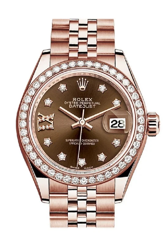 Casual watches for weekend outings   Rolex Datejust 28 Chocolate 9 diamonds set in star Dial Diamond Bezel Rose Gold Jubilee Ladies Watch 279135RBR 279135 NP