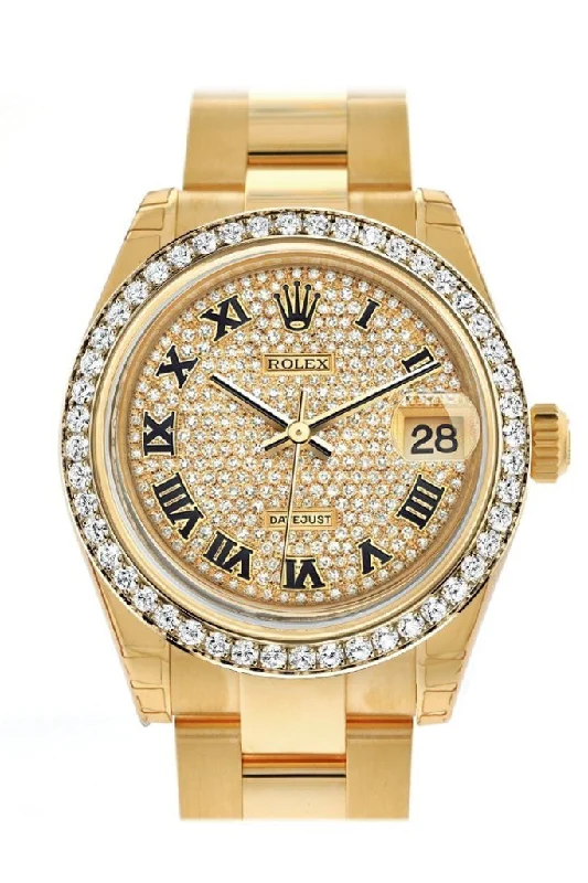 Men's dress watches with slim profile   Rolex Datejust 31 Diamond Paved Dial Diamond Bezel 18K Yellow Gold Ladies Watch 178288 Pre-owned