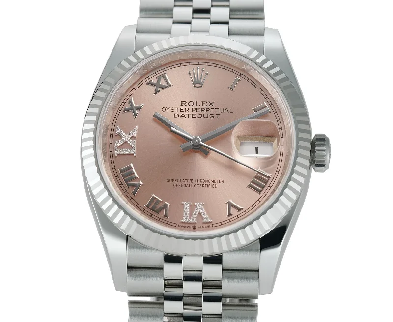 Watches with classic style for timeless appeal 36mm Steel Pink Roman Diamond VI And IX Dial 18k Fluted Bezel Jubilee Bracelet Watches with classic style for timeless appeal 36mm Steel Pink Roman Diamond VI And IX Dial 18k Fluted Bezel Jubilee Bracelet