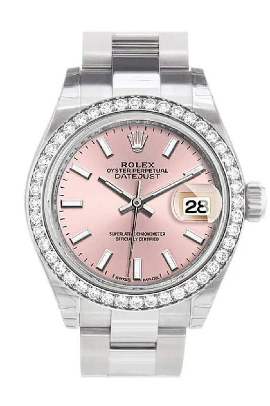 classic pocket watches for collectors   Rolex Datejust 28 Pink Dial Diamond Bezel Steel Ladies Watch 279384RBR