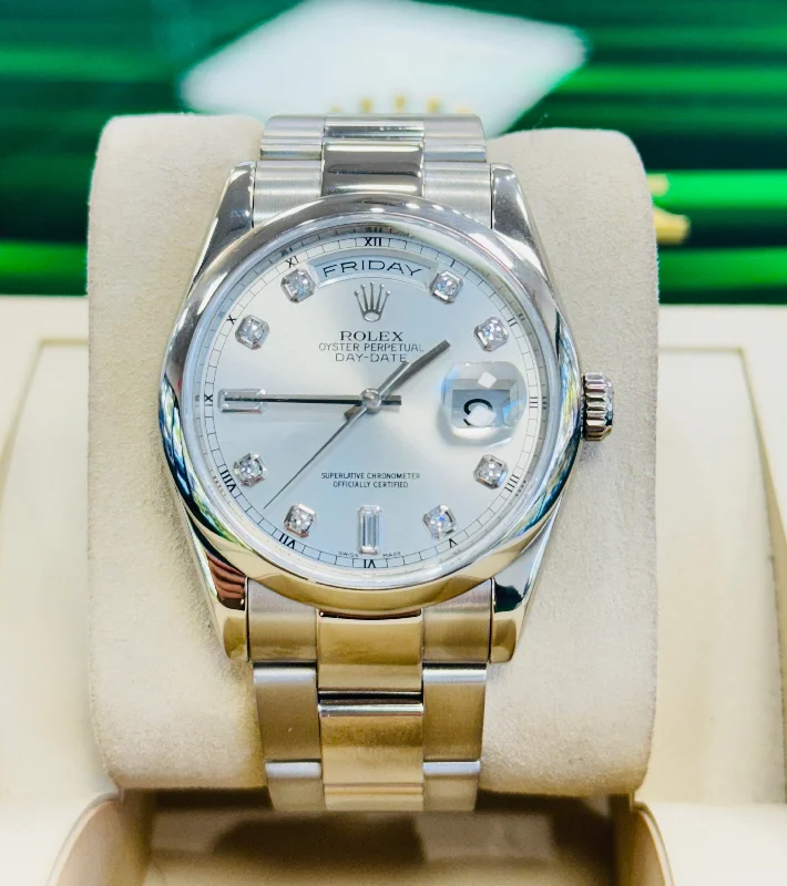 Women's dress watches with elegant straps   Rolex Day-Date 36mm 18k White Gold 118209 Factory Diamond Dial Oyster Bracelet MINT
