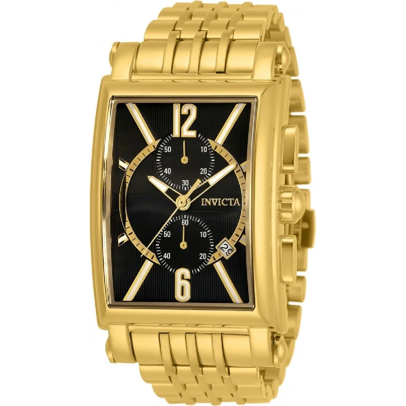Watches with adjustable straps for a perfect fit   Invicta Men's Chronograph Watch - Cuadro Black Dial Yellow Gold Steel Bracelet | 30465