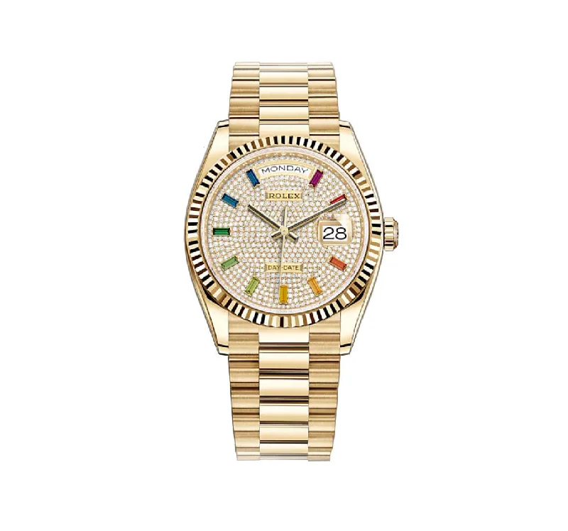 Watches for daily wear   36mm 18k Yellow Gold President Diamond Pavé Rainbow Dial