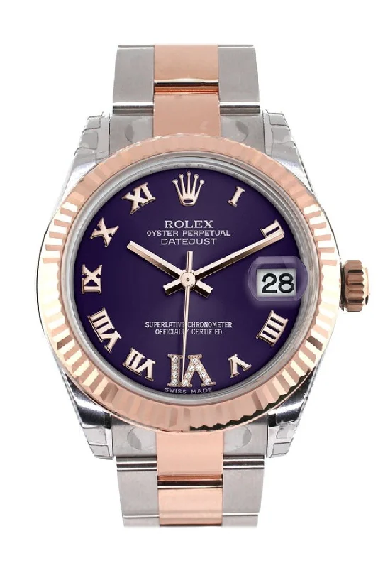 Women's dress watches with elegant straps Rolex Datejust 31 Purple Roman Large VI set with Diamond Dial Fluted Bezel 18K Rose Gold Two Tone Ladies Watch 178271 Pre-owned Women's dress watches with elegant straps Rolex Datejust 31 Purple Roman Large VI set with Diamond Dial Fluted Bezel 18K Rose Gold Two Tone Ladies Watch 178271 Pre-owned