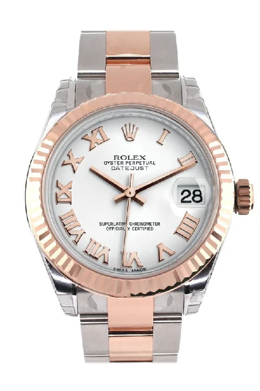 Men's dress watches with slim profile   Rolex Datejust 31 White Roman Dial Fluted Bezel 18K Rose Gold Two Tone Ladies Watch 178271 Pre-owned
