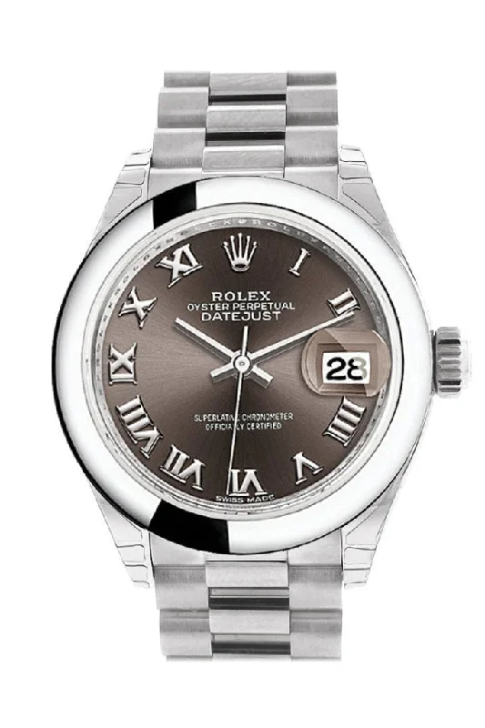 Watches with a stylish look   Rolex Datejust 28 Dark Grey Roman Dial Dome Bezel President Ladies Watch 279166 NP