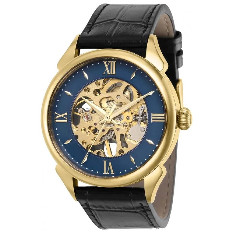 Watches with leather straps and quick release clasps Invicta Men's Mechanical Watch - Vintage Blue and Skeleton Dial Black Strap | 38168 Watches with leather straps and quick release clasps Invicta Men's Mechanical Watch - Vintage Blue and Skeleton Dial Black Strap | 38168