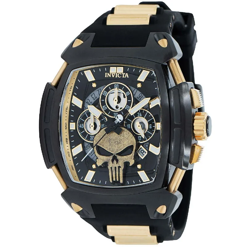 Watches with leather straps and quick release clasps Invicta Men's Chronograph Watch - Marvel Punisher Quartz Black and Gold Dial | 37832 Watches with leather straps and quick release clasps Invicta Men's Chronograph Watch - Marvel Punisher Quartz Black and Gold Dial | 37832