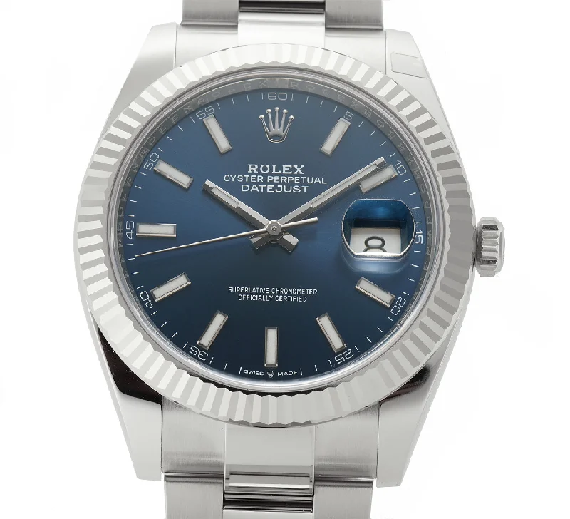 elegant dress watches for formal events   41mm 18k White Gold Fluted Bezel Blue Dial Oyster Bracelet