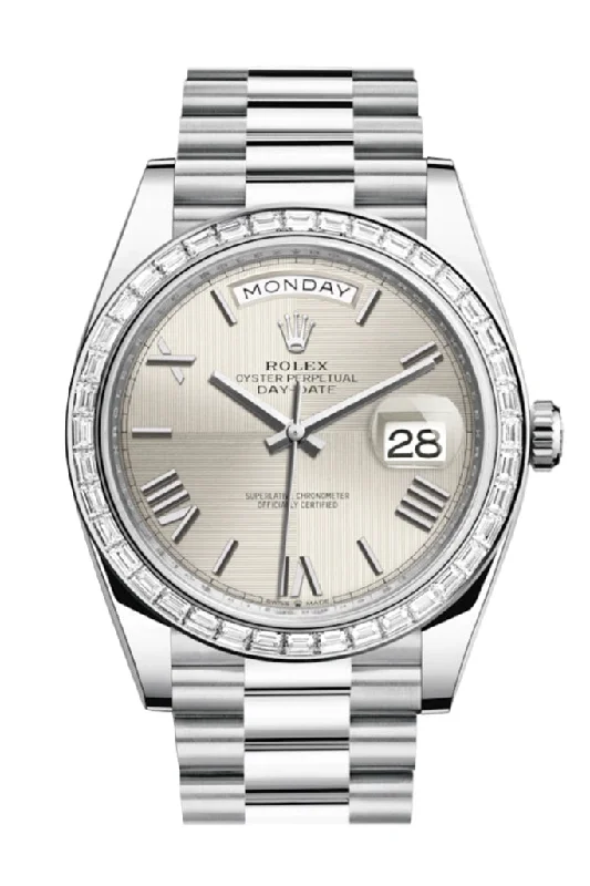 stylish watches for casual wear   Rolex Day-Date 40 Silver Quadrant Motif Roman Dial 40 Baguette Diamond Bezel Platinum President Automatic Men's Watch 228396TBR 228396
