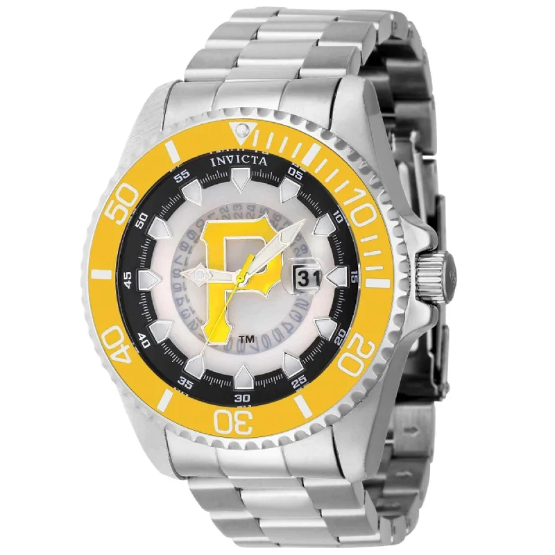 minimalistic watches for men with leather bands Invicta Men's Quartz Watch - MLB Pittsburgh Pirates Black and Silver Dial | 43475 minimalistic watches for men with leather bands Invicta Men's Quartz Watch - MLB Pittsburgh Pirates Black and Silver Dial | 43475