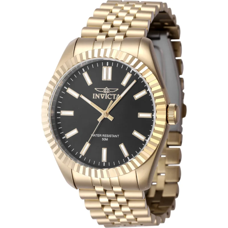 Watches with leather straps and quick release clasps Invicta Men's Watch - Specialty Quartz Black Dial Yellow Gold Steel Bracelet | 47488 Watches with leather straps and quick release clasps Invicta Men's Watch - Specialty Quartz Black Dial Yellow Gold Steel Bracelet | 47488