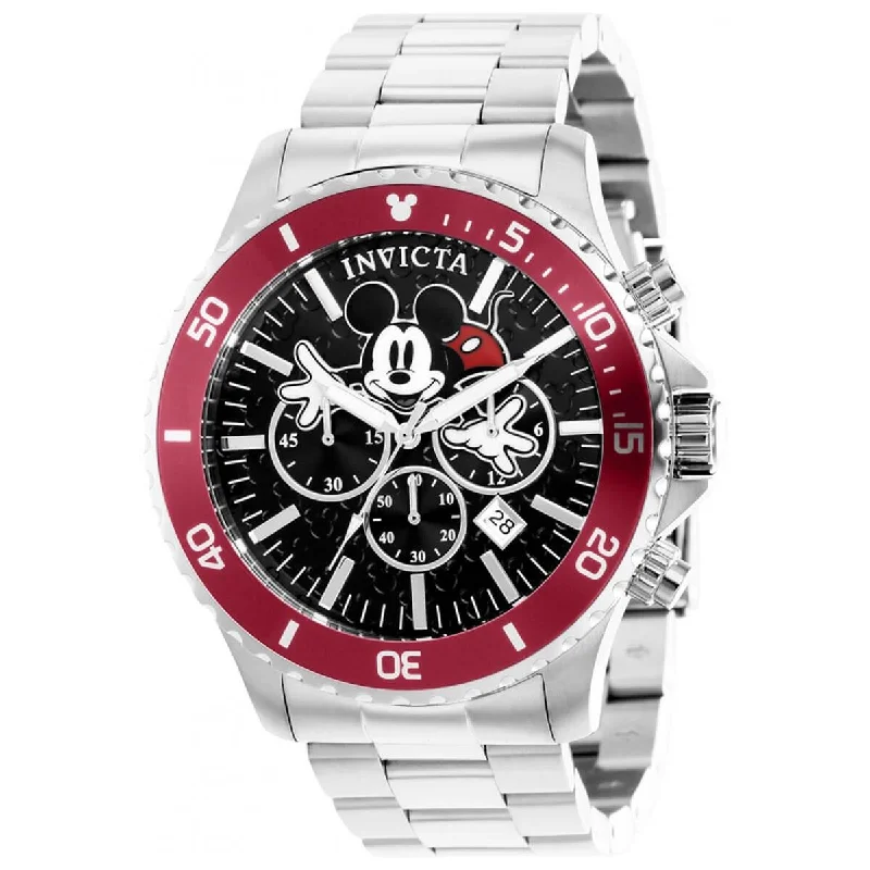 Watches with leather straps and quick release clasps Invicta Men's Chrono Watch - Disney Black Dial Red Bezel Silver Tone Bracelet | 39047 Watches with leather straps and quick release clasps Invicta Men's Chrono Watch - Disney Black Dial Red Bezel Silver Tone Bracelet | 39047