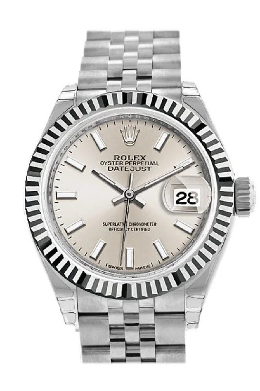 Watches with leather straps and quick release clasps   Rolex Datejust 28 Silver Dial Fluted Bezel Steel Jubilee Ladies Watch 279174