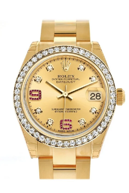 Watches with a stylish look   Rolex Datejust 31 Champagne Diamonds Rubies Dial Diamond Bezel 18K Yellow Gold Ladies Watch 178288 Pre-owned