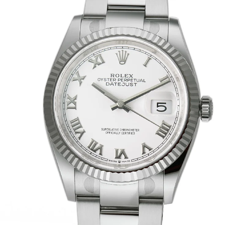 stylish watches for everyday wear   36mm Steel White Roman Dial 18k Fluted Bezel Oyster Bracelet