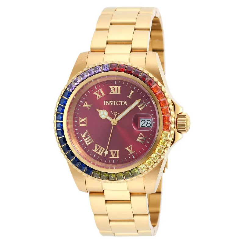 Luxury brand automatic watches for men Invicta 20023 Women's Angel Crystal Accented Bezel Burgundy Dial Yellow Gold Steel Dive Watch Luxury brand automatic watches for men Invicta 20023 Women's Angel Crystal Accented Bezel Burgundy Dial Yellow Gold Steel Dive Watch