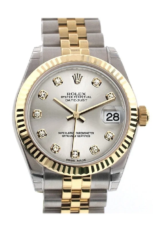 Women's dress watches with elegant straps   Rolex Datejust 31 Silver Diamond Dial Fluted Bezel 18K Gold Two Tone Jubilee Ladies 178273 Pre-owned
