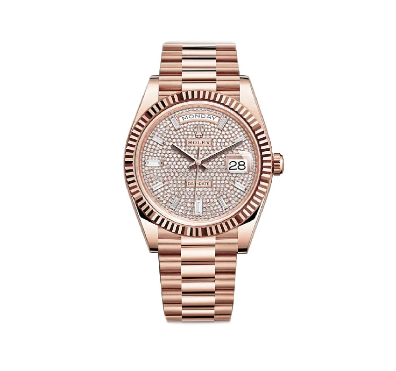 women’s watches with interchangeable bands   40mm 18k Everose Gold President Pave Baguette Diamond Dial
