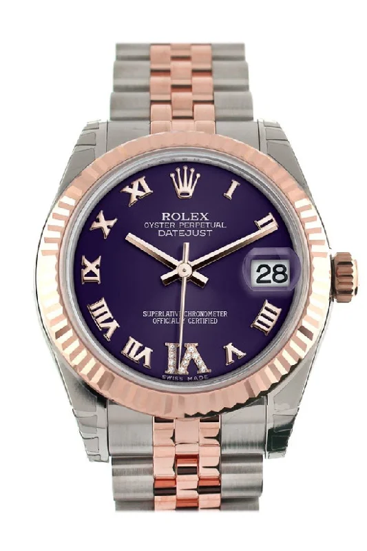 women’s watches with interchangeable bands   Rolex Datejust 31 Purple Roman Large VI Diamond Dial Fluted Bezel 18K Rose Gold Two Tone Jubilee Ladies Watch 178271 Pre-owned