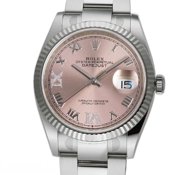 Watches made for exclusive collectors 36mm Steel Pink Roman Diamond VI and IX Dial 18k Fluted Bezel Oyster Bracelet Watches made for exclusive collectors 36mm Steel Pink Roman Diamond VI and IX Dial 18k Fluted Bezel Oyster Bracelet