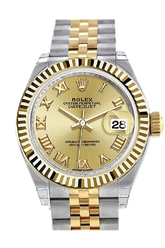 Watches with a luxurious look   Rolex Datejust 28 Champagne Roman Dial Fluted Yellow Gold Two Tone Jubilee Ladies Watch 279173